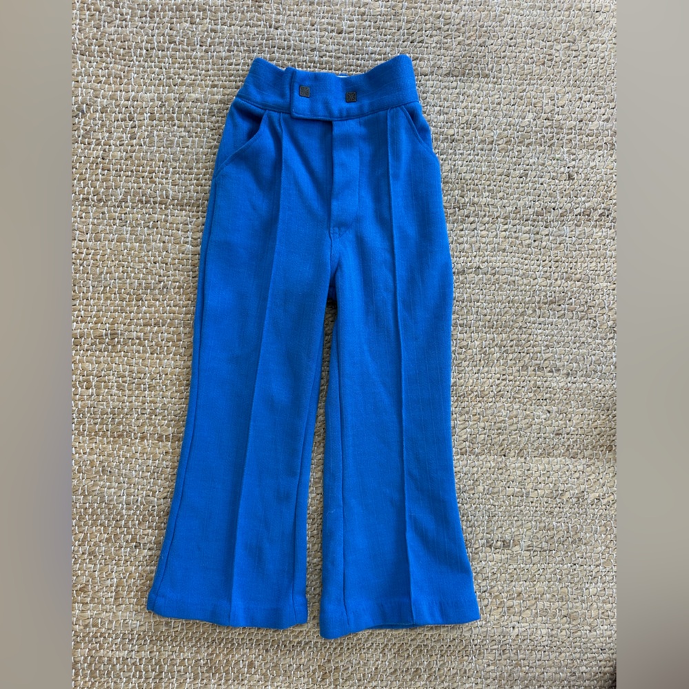 Vintage 70’s polyester bell bottoms bright blue, double button elastic waist 3